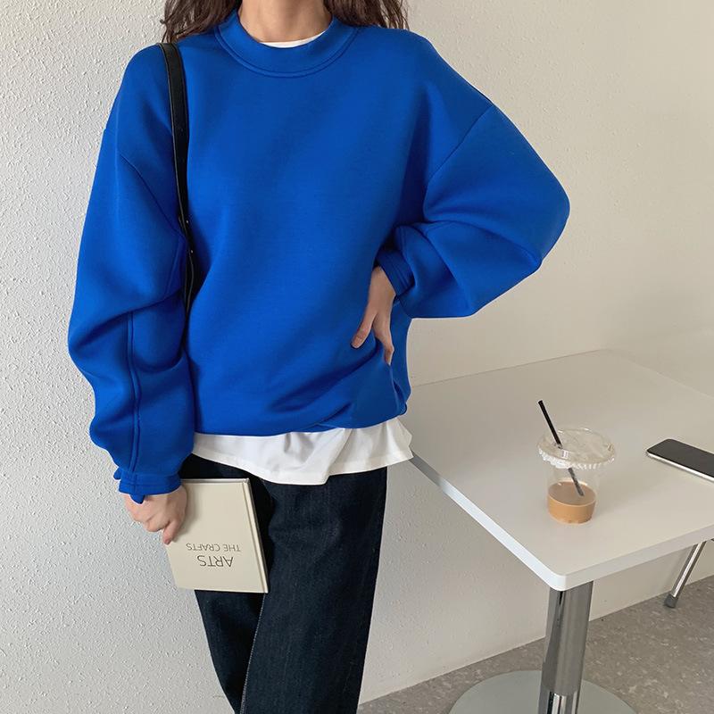 Solid Color Sweater Women's Space Cotton Loose Round Neck Long Sleeve Pullover Top