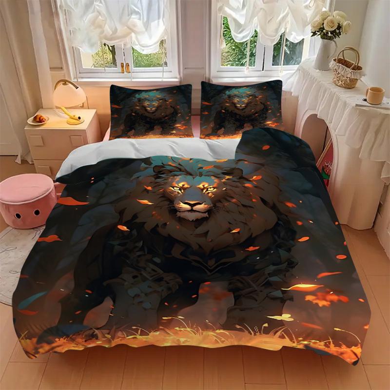 3pcs Lion Fantasy Artwork Bedding Set - 1 Duvet Cover + 2 Pillowcases(Core Not Included), Machine Washable Polyester, All-Season Comfort, Be