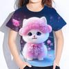 Summer Round Neck 3D Cute Cat Printed Top Fashionable Casual Short Sleeved Children's Girl T-shirts