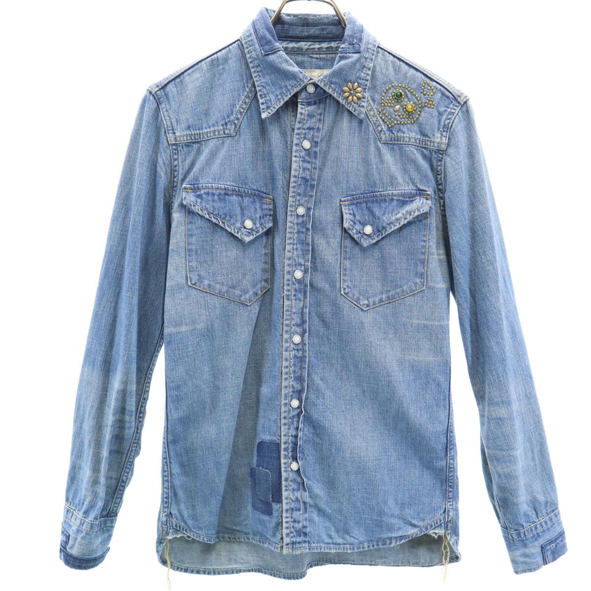 

REMI RELIEF сделано в Японии Клепки Длинный рукав Потертый деним Западная рубашка Женская Б/У