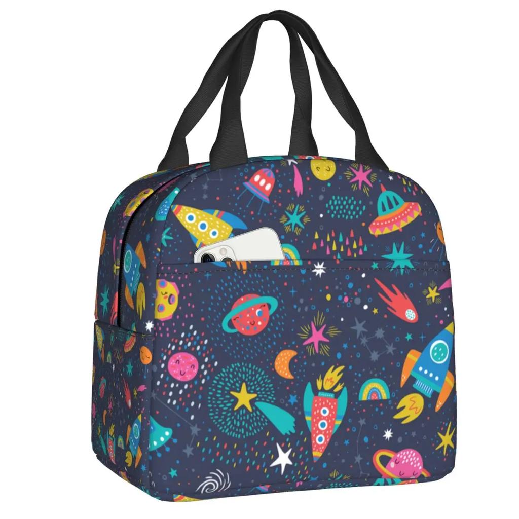 Cartoon Space Planet Rocket Thermal Insulated Lunch Bag Women Astronaut Spaceship Portable Lunch Box for Kids School Food Bags