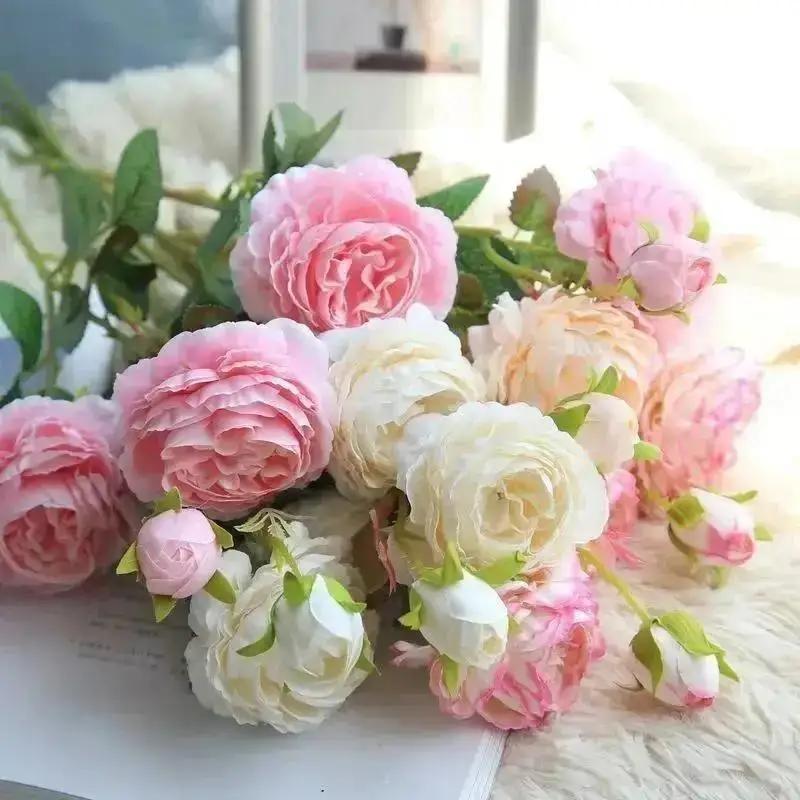 3Heads Rose Beautiful Artificial Peony Flower Practical Wedding Bride Holds Rose Flowers Suitable Party Hotel Decor HomeOrnament