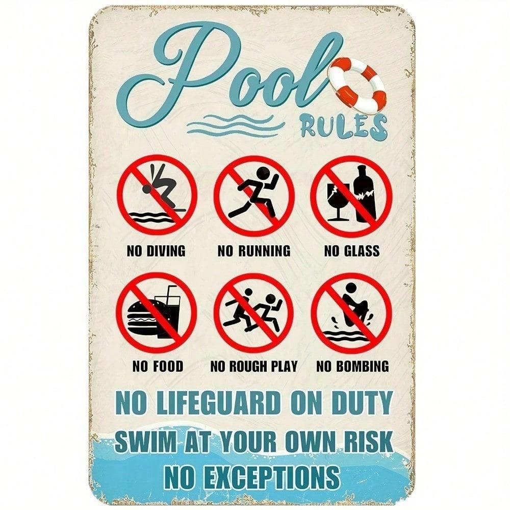 Pool Rules No Lifeguard On Duty Swim At Your Own Risk Tin Sign Vintage Durable Metal Plaque Wall Decor Home Office Bar Man Ca