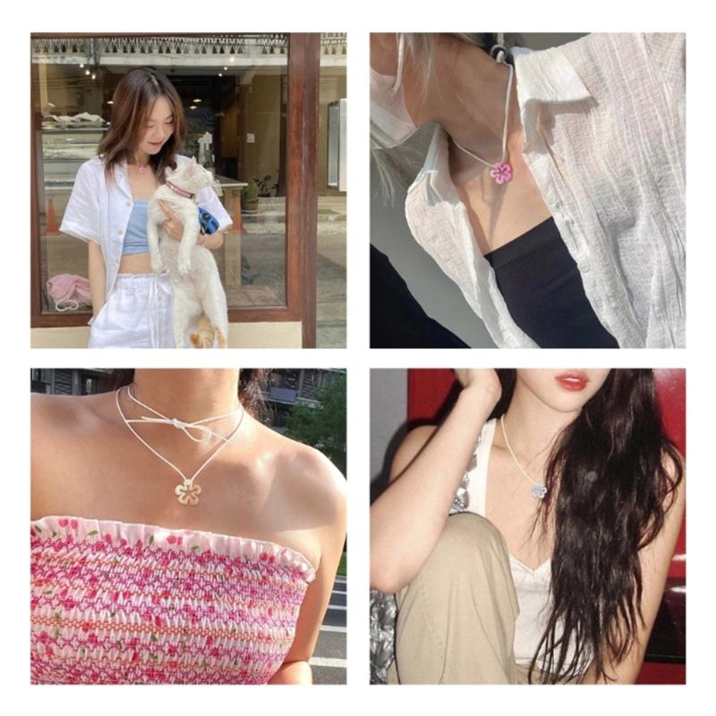 Gradient Hollow Flower Pendant Necklace Y2K Choker Collar Necklace Clavicle Chain Neckband Party Jewelry for Women Girls