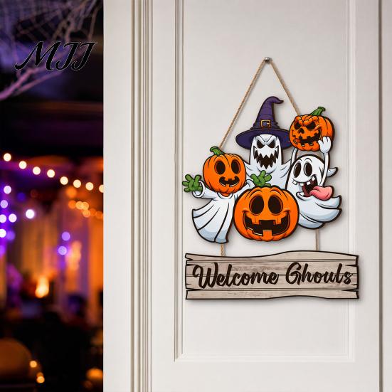 Thick Wood Halloween Plaque Happy Door Sign for Front Door, Wooden Ghost Pumpkin Hanging Hanger Plaque, Spooky Welcome Wreath Tree, Wall, Party