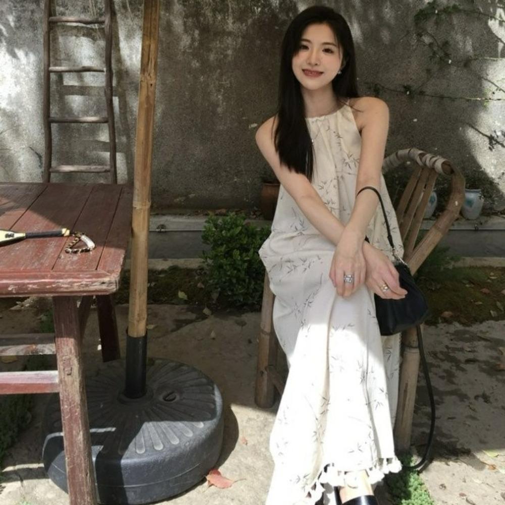 A-line Sleeveless Long Dress Loose Beach Vacation Sundress Floral Skinny Strap Dress  for Girls