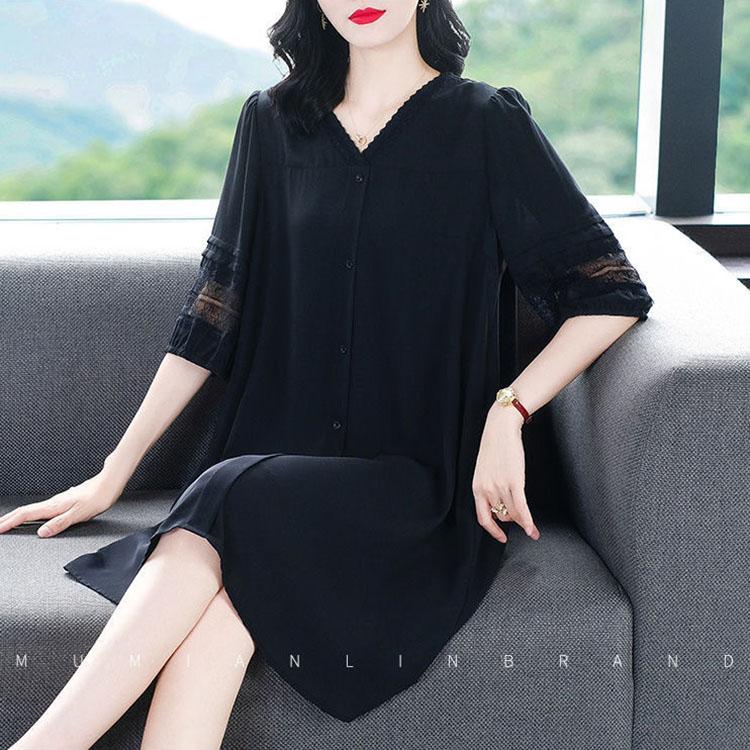 Black Dress Women's Loose Large Size Summer Dress Medium Length Solid Casual Lace Hollow Out Dress