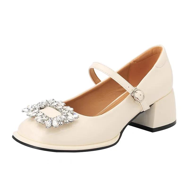 Móda 2024 Módní boty pro ženy S přezkou Dámské lodičky Podzim Mary Jane Čtvercová špička Kamínky Jednobarevné Šaty Robustní podpatky Mělké boty