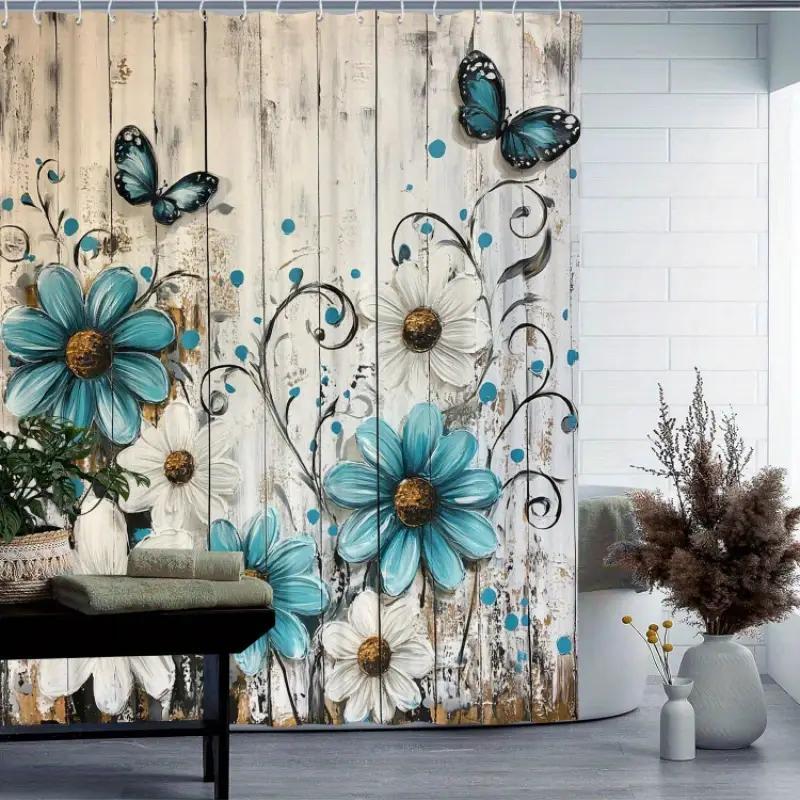 1 Floral Pattern Shower Curtain, Made Of Durable Polyester Material, With Hooks, Machine Washable, Suitable For Bathroom