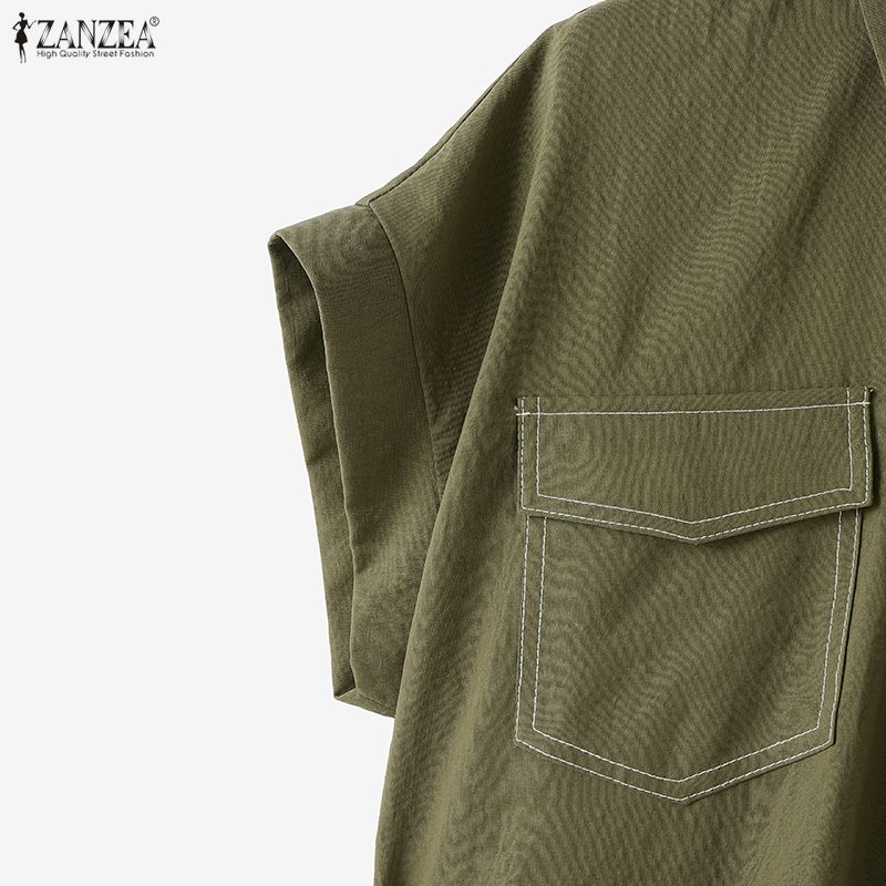 ZANZEA שמלת נשים קז'ואלית עם צווארון הפוך, שרוולים קצרים רפויים