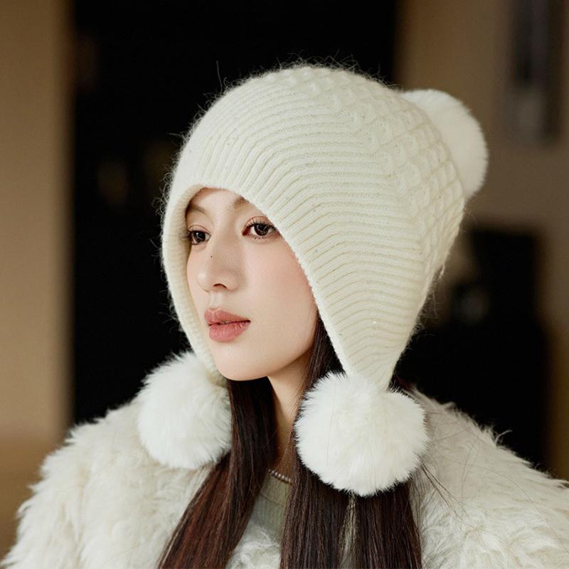 Căciulă Tricotată cu Bor Larg, Catifea Groasă, Trei Ciucuri de Blană, Căciulă Caldă