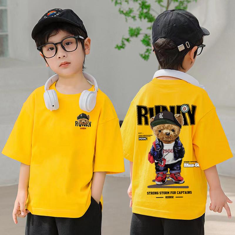 Children s clothing, retro bear print pattern T-shirt, boys  summer short sleeved T-shirt, top, streetwear 140