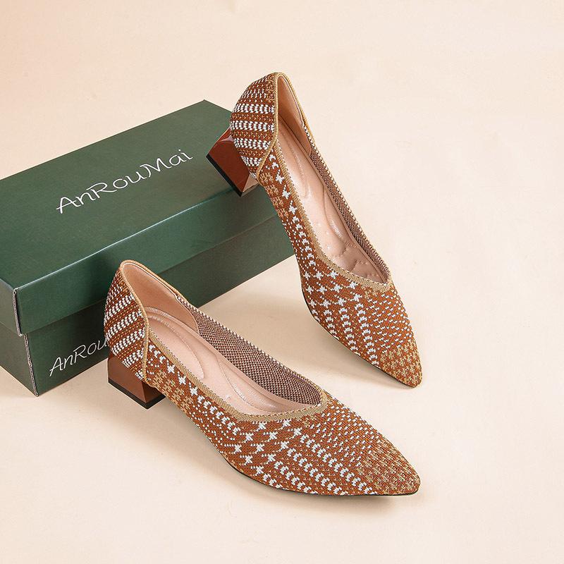 Flying Woven Single Shoes Temperament Fan Color Medium Heel Knitted Pointed Boat Shoes Single Thick Heel
