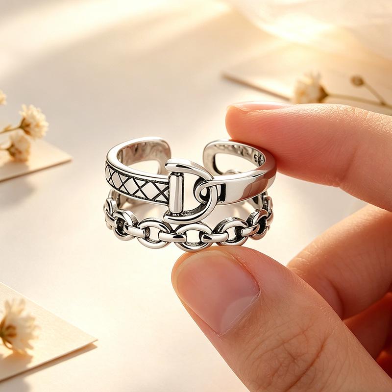 European Plaid Hollow Open Adjustable Silver Plated Double Layer D-Chain Ring