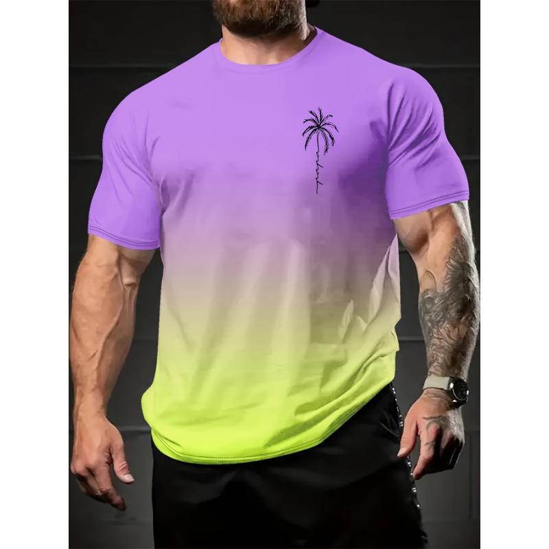 Men's Summer Palm Tree Gradient T-shirt - Fashionable Casual Short Sleeve Round Neck Top