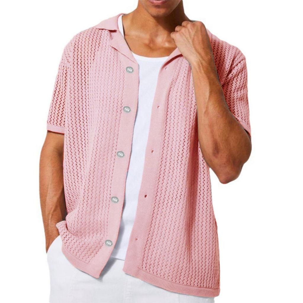 Men's Casual Stylish Knitted Button-down Shirt - Men's -colored Collarless Open-weave Short-sleeved Top