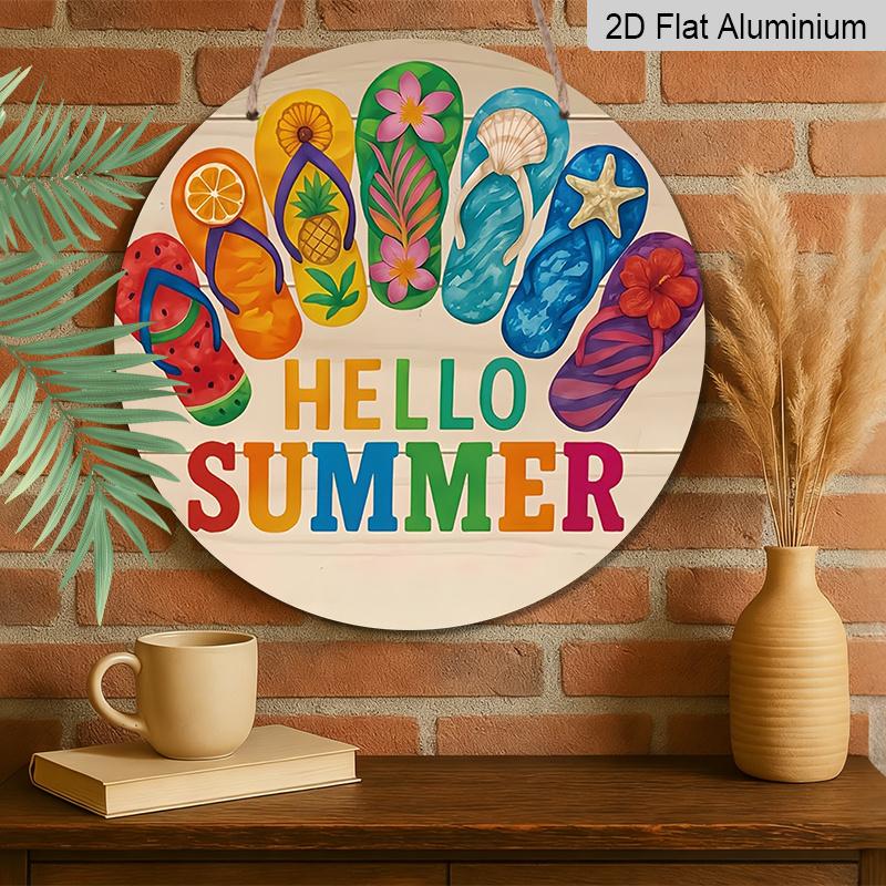 2D Flat, 1pc Aluminum Flip Flops Hello Summer Wall Sign - Retro Beach House Decor with Flip-Flop Design, Lightweight Suitable for Bedroom, Kitchen