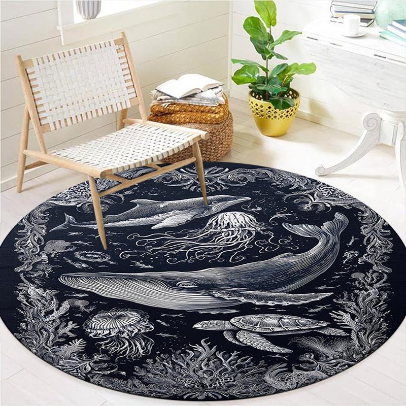 Sketch Truck Whale Poseidon Skeleton Round Area Rug,Carpet Rug for Living Room Bedroom Sofa Playroom Decor,Non-slip Floor Mat