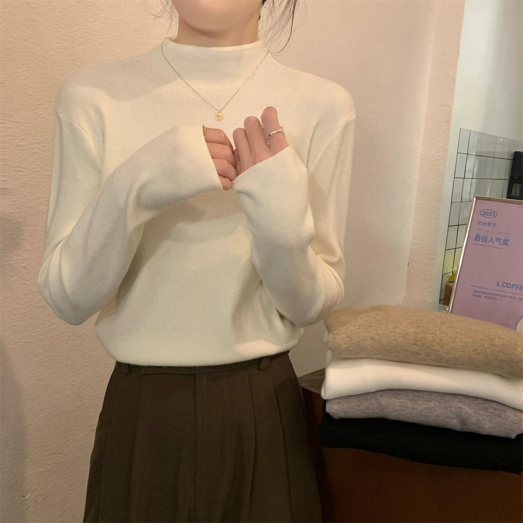 Autumn and winter warm small stand-up collar with knitted bottoming shirt inside, women's stacked long-sleeved solid-color versatile soft waxy 