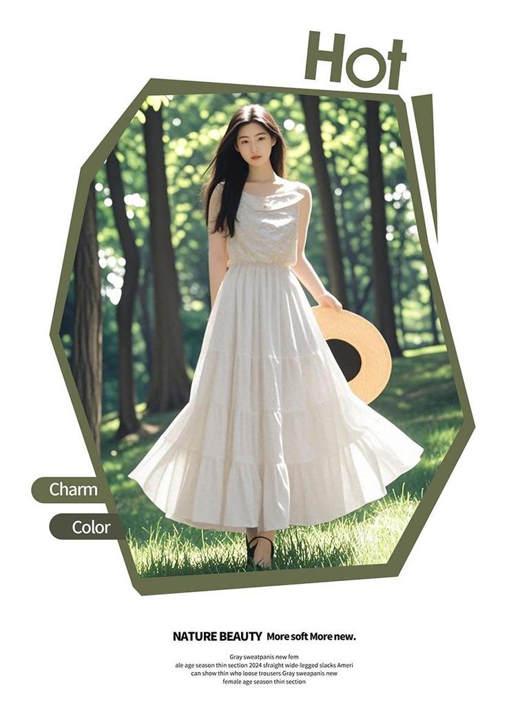 White Pleated A-line High Waist Long Skirt for Women, Spring 2026 Collection