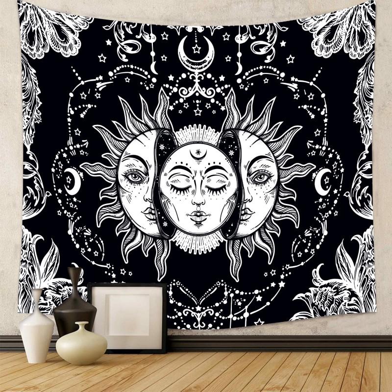 Boho Chic Wall Tapestry With Moon Phase Floral Starry Sky Design Bedroom Yoga Studio Decor