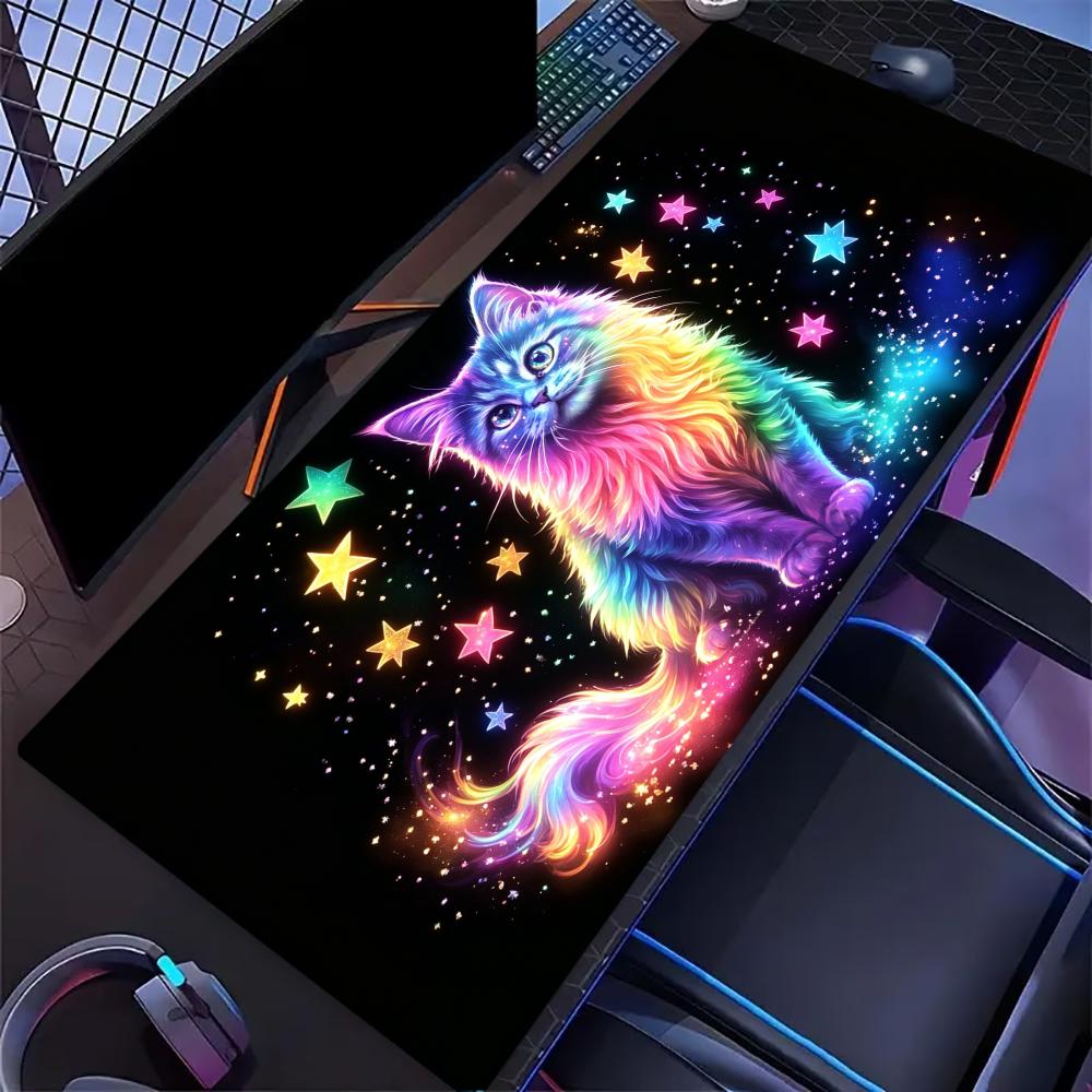 Neon Cosmic Cat Large Extended Gaming Mouse Pad Non Slip Desk Surface Glitter Starry Animal Print For Gaming And Office Setup