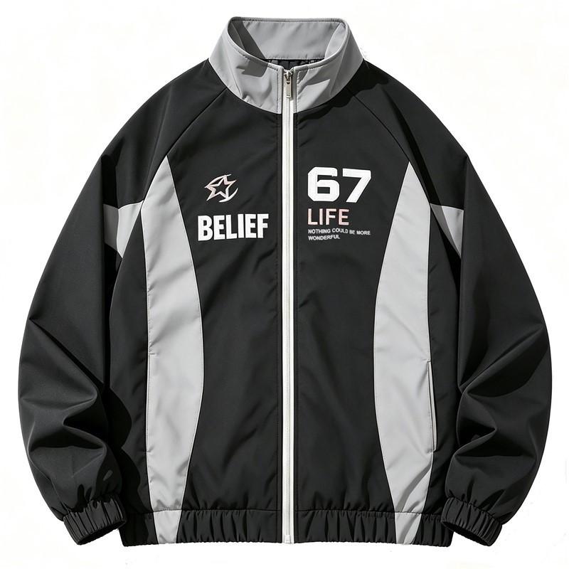 Mens Short Casual Windbreaker Jacket Stand Collar Loose Fit Letter Print Sporty Outerwear Fall