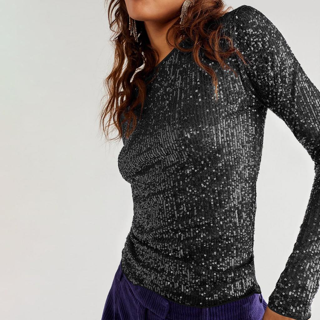 Women Long Sleeve Tops Sequins Basic Shirt Casual Pullover for Fall Club Streetwear Aesthetic Clothes