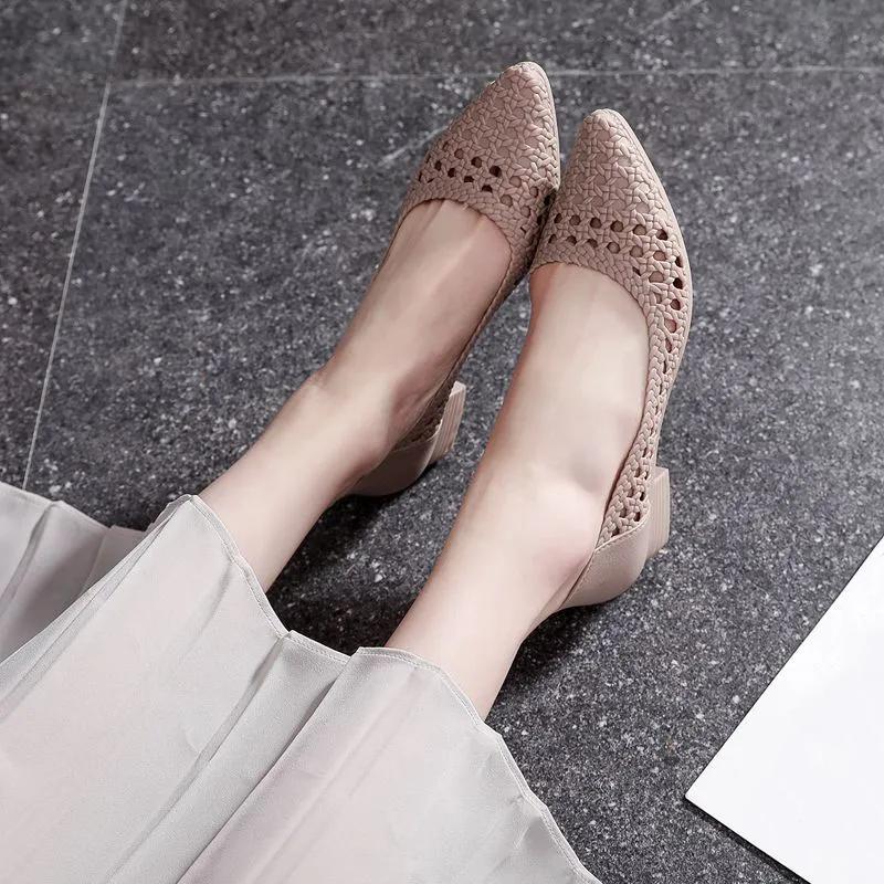 WTEMPO Pointed Toe Spring Summer Large Size Solid Color Single Shoes Women's Low Thick Heel Anti Slip Casual Work Shoes
