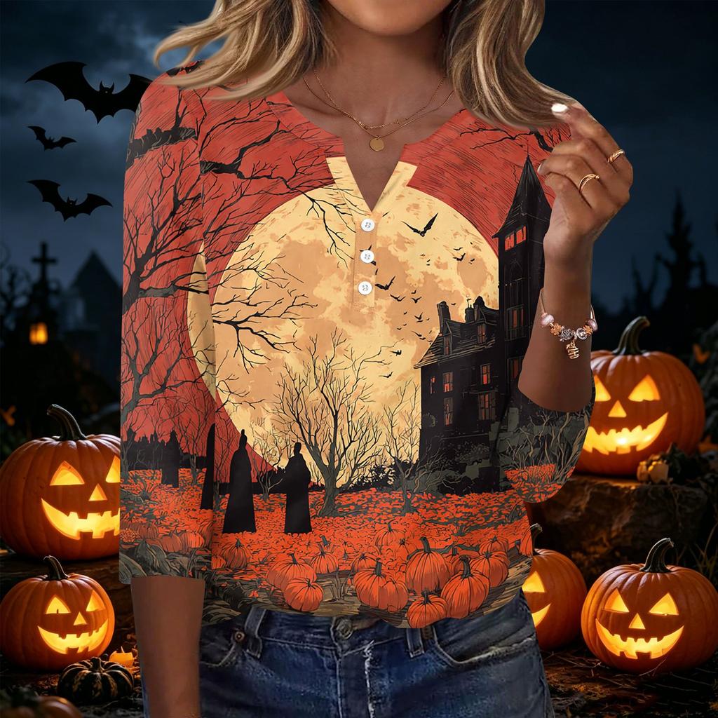 Women's Casual Halloween Print V Neck Button Front Three Quarter Sleeve T Shirt Top Lightweight Comfortable Fit for Everyday Wear
