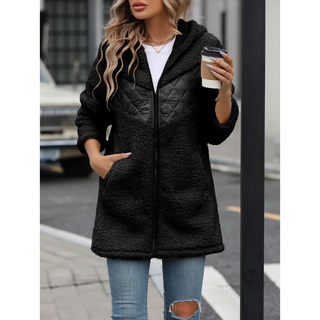 

QICED Women Autumn and Winter Cardigan with Hood, Mid-length, Zipper, Loose Plush Jacket for Women Jackets & Coats XXL чорний