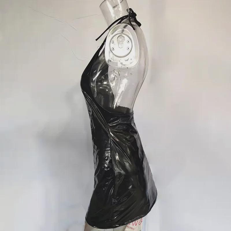 Summer Candy Color Faux Leather Halter Mini Dress: Sexy Backless Bodycon