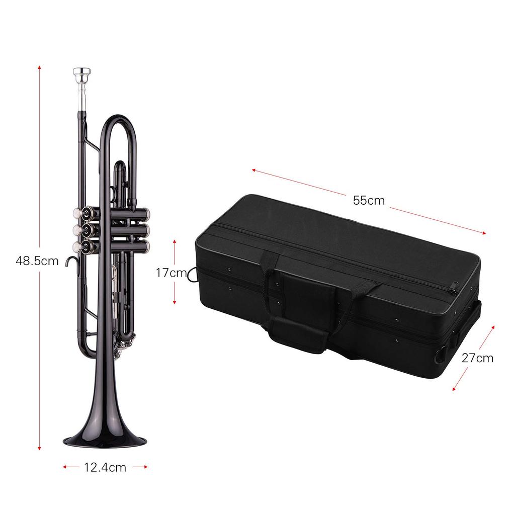 Brass Plated Black Bb Trumpet Set for Beginners and Students with Hard Polishing Cloth Trumpet, Case, Strap, Mouthpiece, Gloves,