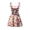 Ruffle Floral Dress Women Rose Sling Strap Sundress French Style Mini Sleeveless Dress  Lolita