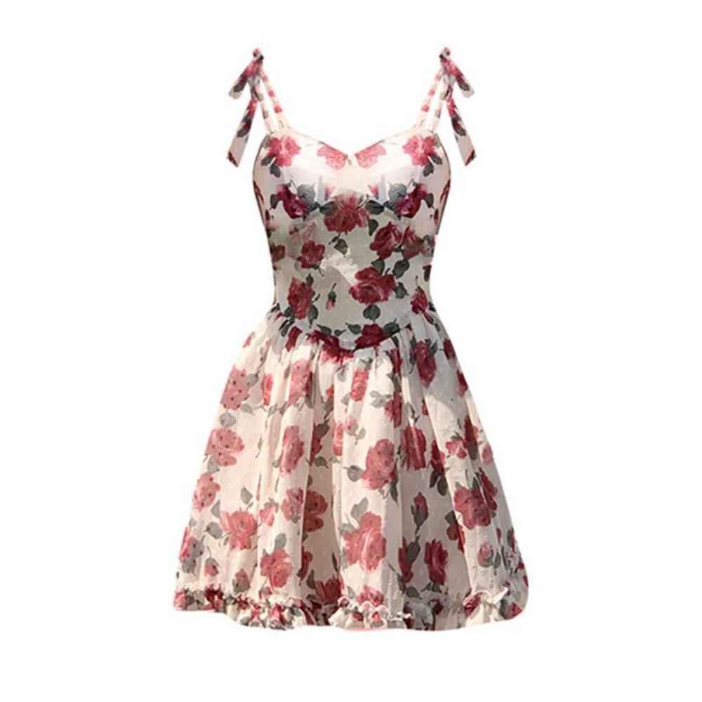 Ruffle Floral Dress Women Rose Sling Strap Sundress French Style Mini Sleeveless Dress Lolita