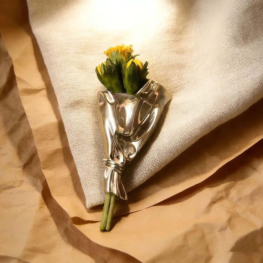 Elegant Flower Insertable Brooch French Style Silver Glossy Pin Metal Corsage Ornament  Banquet