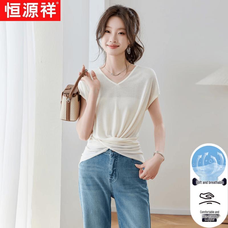 Hengyuanxiang Women s Summer V-Neck Short Sleeve Knitted T-Shirt XL
