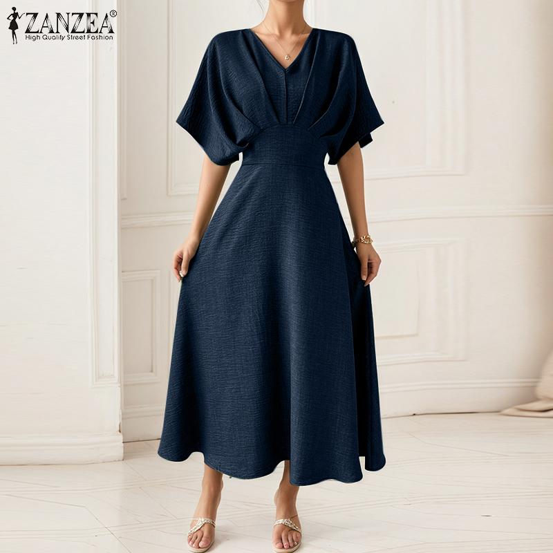 ZANZEA Women Summer V-Neck Casual Short Sleeve Slim Waist Dress