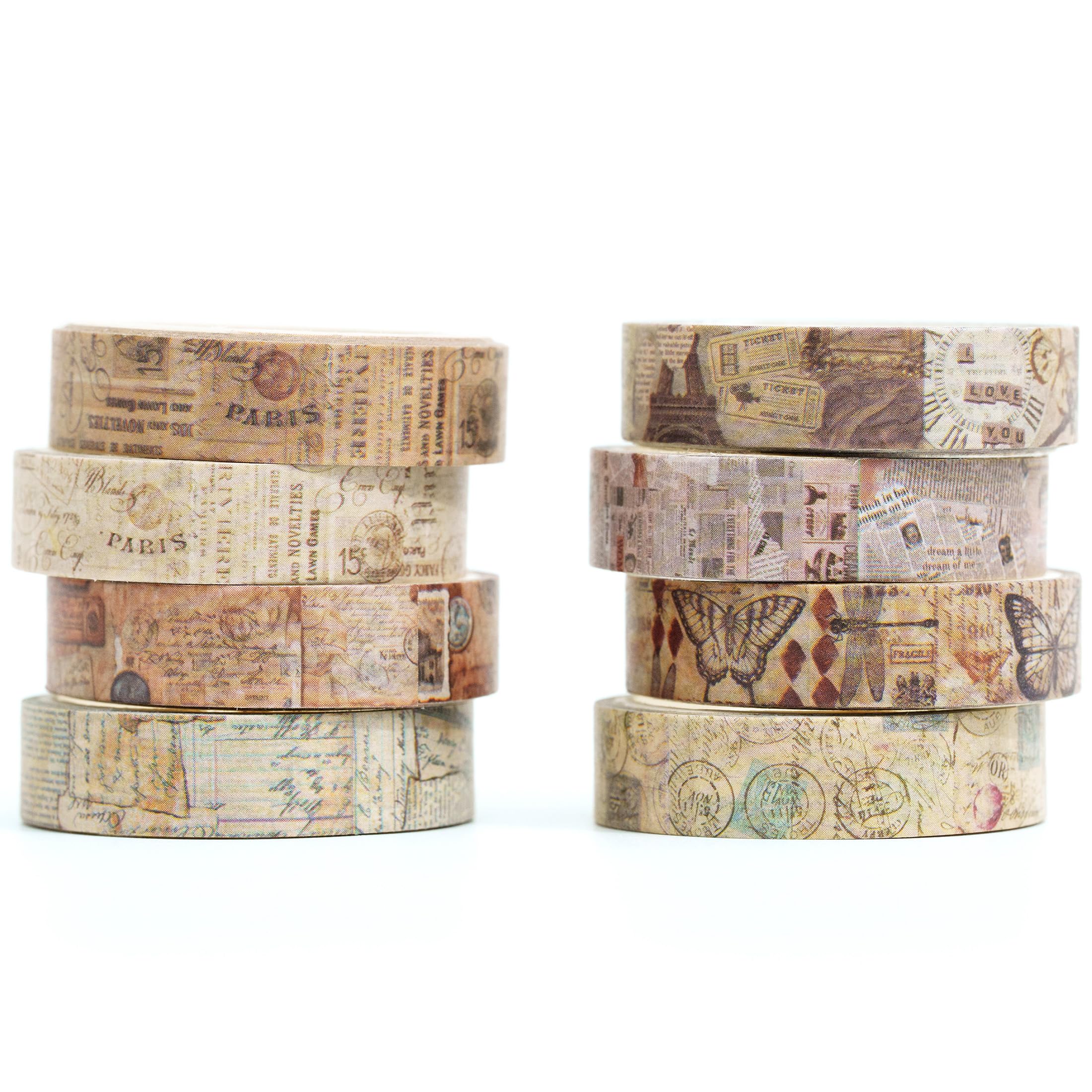 

YUBX Masking Tape Thin Washi Paper Retro Base for DIY Gift Decoration 8-Piece Set Strips, Tape, Pattern, Crafts, Journals, Planners, Scrapbooks,