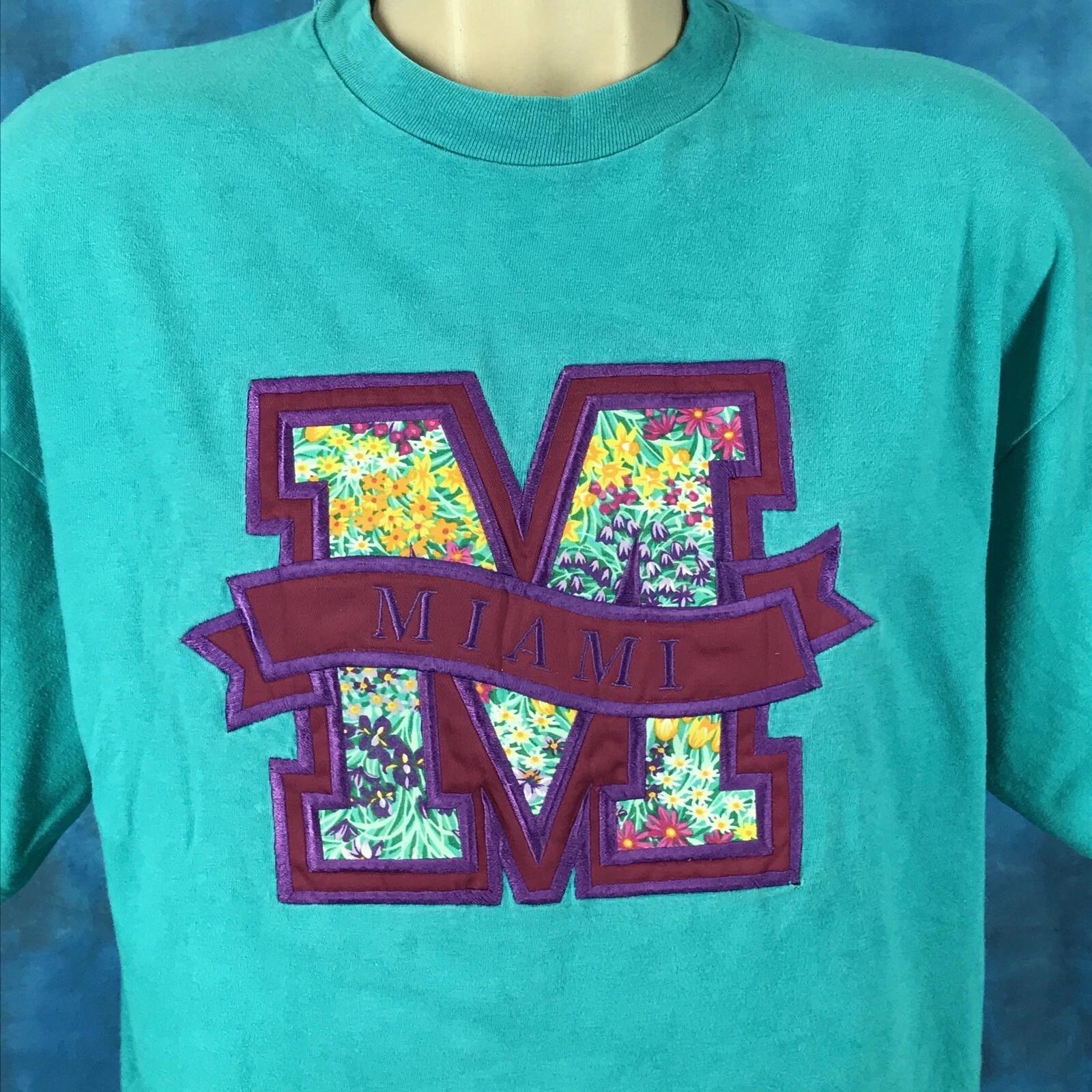 

vintage 90s MIAMI FLORIDA EMBROIDERED T-Shirt XL flower art floral M