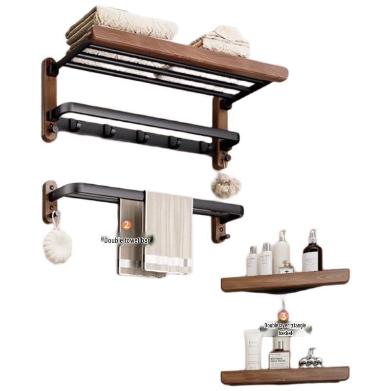 HANDUNYOU Black Walnut Towel Rack & Bathroom Storage Set