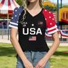 Damen Lässiger V-Ausschnitt Kurzarm Pullover Oberteil USA-Flagge Grafikdruck Leichter Weicher Stoff Lockere Passform T-Shirt