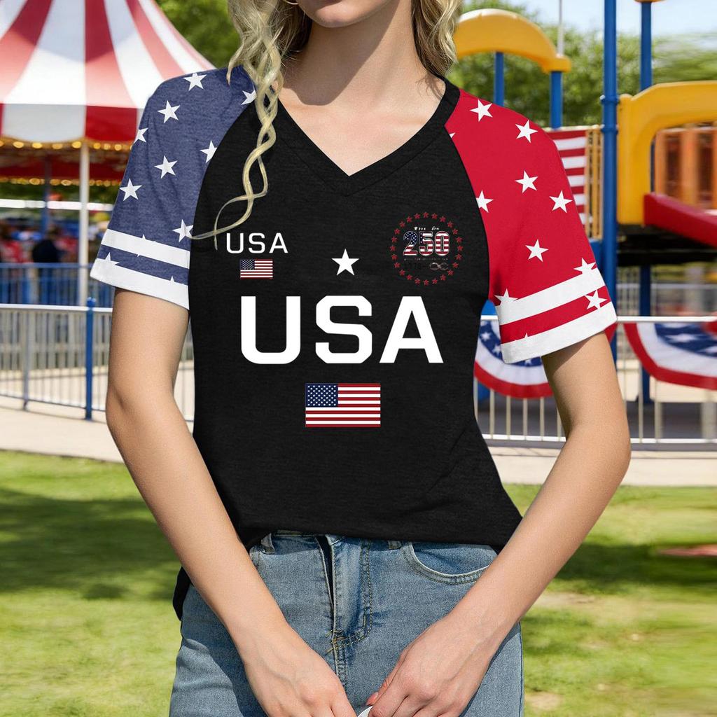 Damen Lässiger V-Ausschnitt Kurzarm Pullover Oberteil USA-Flagge Grafikdruck Leichter Weicher Stoff Lockere Passform T-Shirt