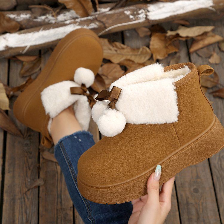 New snow boots women's winter fur integrated height increase waterproof cute plush thickened hairball short boots