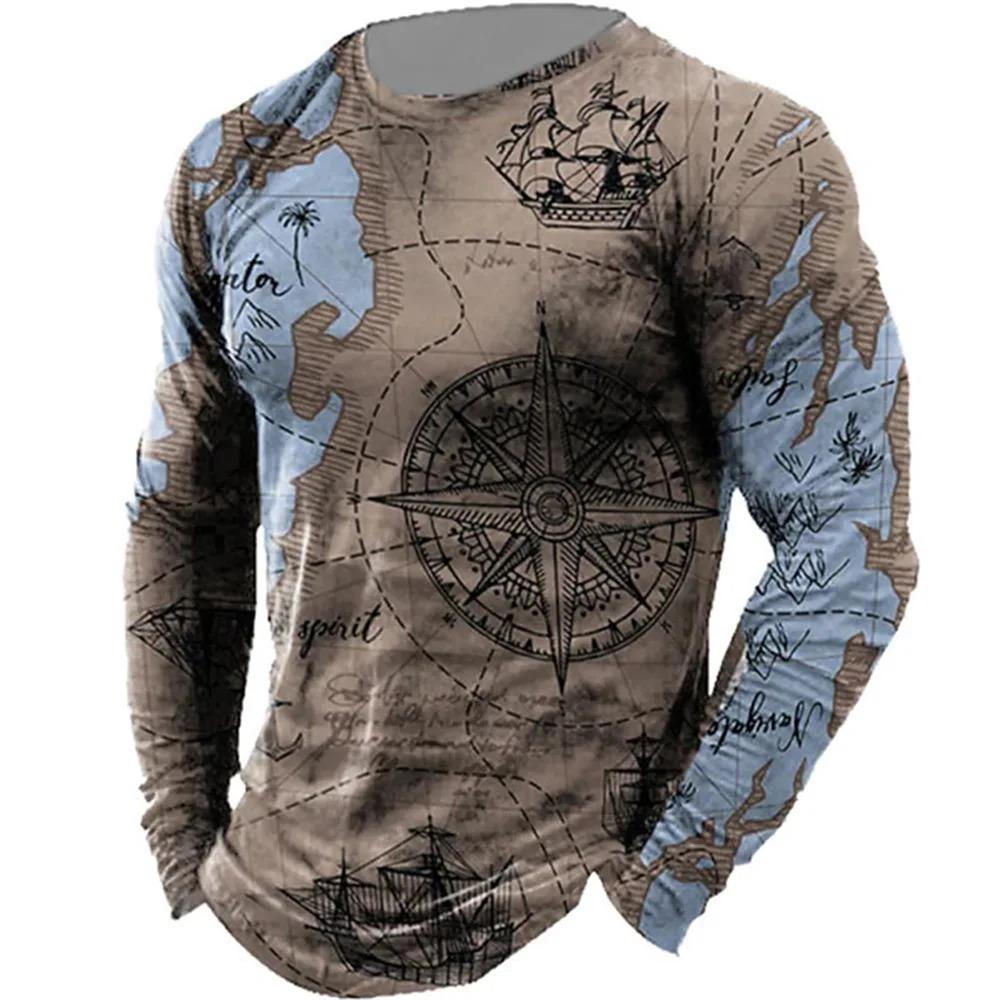 Retro Style 3D Guide Printed Men's Casual Round Neck Long Sleeved T-shirt