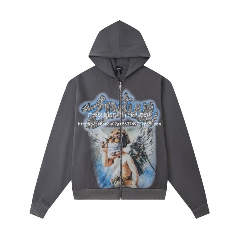Mens Oversized Hooded Zip-Up Sweatshirt With Rhinestone Letter Print Cotton Streetwear
