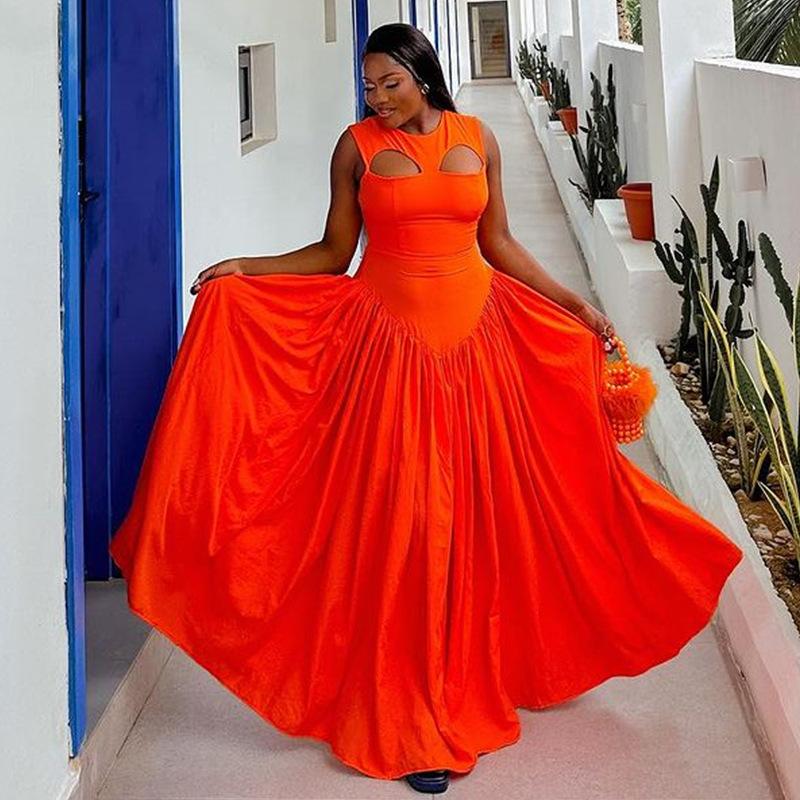 Dámské šaty Léto Nové Sladké a Roztomilé Kulatý Výstřih Dírkované Štíhlé Dlouhé Bez Rukávů Šaty