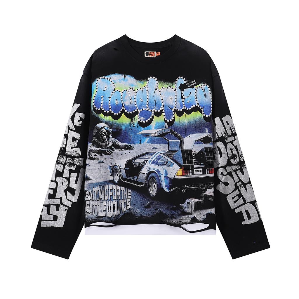 Retro Back to the Future Print Long Sleeve T-shirt Y2K Distressed Streetwear Oversized Top