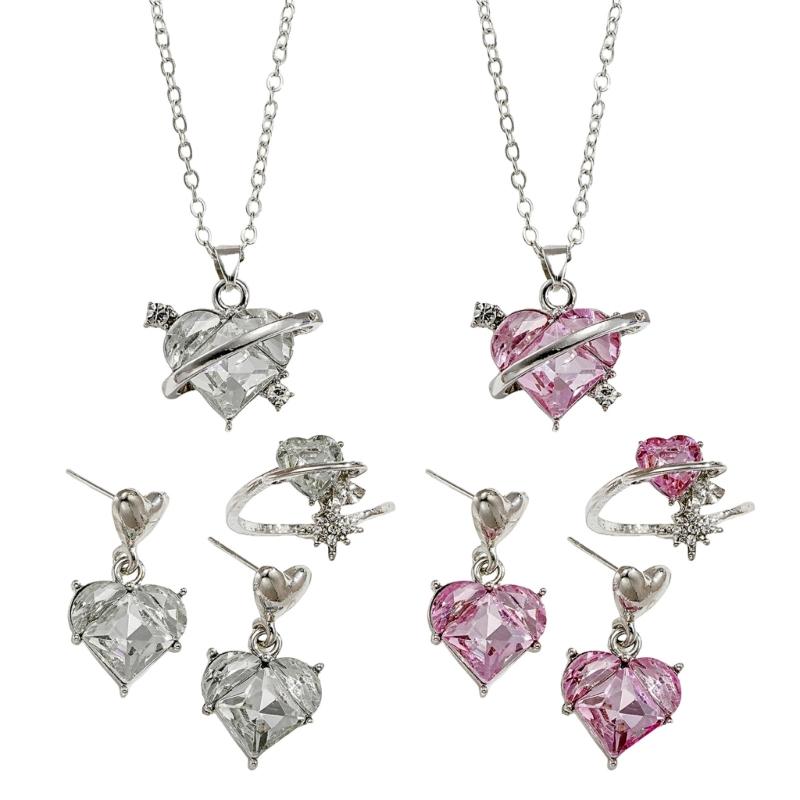 Elegant Bridal Jewelry Set Heart Necklace Drop Earrings Pendant Earrings Heart Rings Party Jewelry Suitable for Wedding