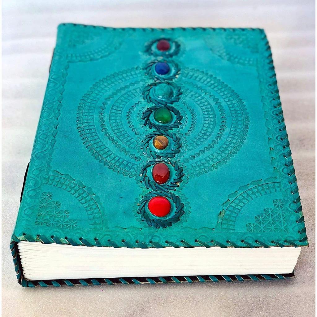 Fat Leather 600 Pages Journal Large Seven Stone Leather Notebook Journal Blank Handmade Book Sketchbook Everyday Use (Lined Pages, Turquoise)